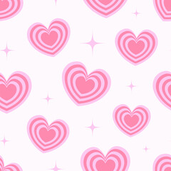 Y2K aesthetic romantic seamless pattern with hearts and stars. Abstract trendy retro background.