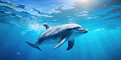 A dolphin swimming beneath the surface of the water in the sunlight