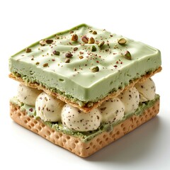 Pistachio ice cream sandwich isolated on white background with shadow. Pistachio dessert as refreshment during summertime heats