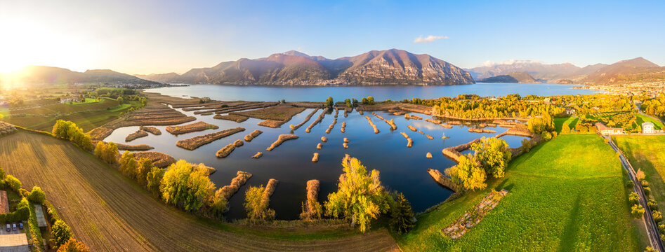 Panoramic view of the National Reserve of Peat Bogs of lake Iseo, Franciacorta, Lombardy, Italy