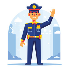 Friendly police officer cartoon smiling saluting. Male police character wearing uniform, badge, cap standing confidently. Vibrant illustration law enforcement, safety, community service