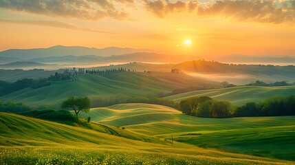 Sunset Over Rolling Hills Serene Rural Landscape