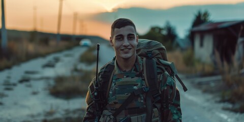 A man walks on a dirt road carrying a backpack, great for outdoor and adventure-themed projects