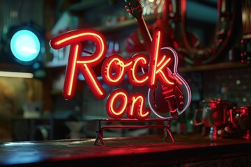 A red neon sign featuring the words Rock On with a guitar silhouette in the background, sitting on a bar countertop.