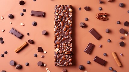 A chocolate bar with nuts and seeds surrounded by chocolate pieces, chips, and cinnamon sticks on a brown background.
