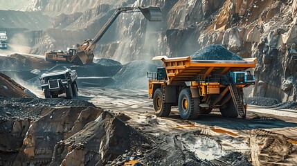 Eye-Level View of Open Pit Sand and Gravel Mine with Mining Truck and Excavators