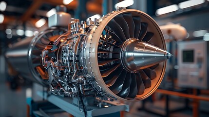 A close-up of a powerful jet engine, showcasing intricate details and engineering marvel.