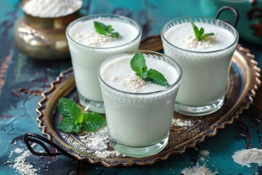 Chilled ayran served in elegant glasses garnished with mint leaves, on a rustic blue background