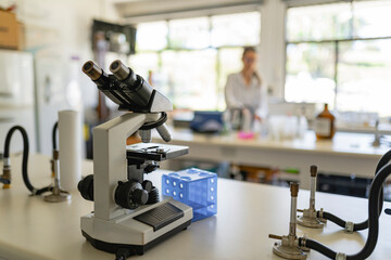 Microscope placed in modern chemical lab