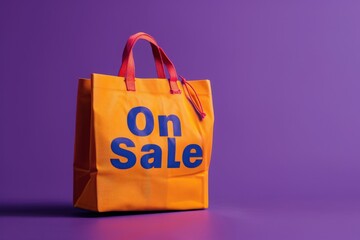 A bright orange shopping bag with blue lettering reading On Sale sits on a purple background.