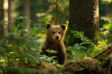 Fototapeta premium Young brown bear cub explores a sunlit forest, looking directly at the camera with curiosity