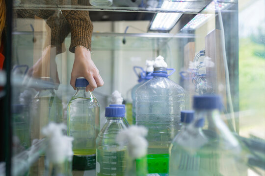 Anonymous hand fetching chemical in plastic bottle from glass box
