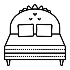 Double bed with headboard and two pillows, single vector black line illustration, outline monochrome sign, editable stroke, pixel perfect
