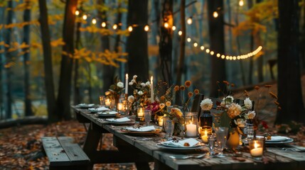 Autumn outdoor long banquet table setting in the woods with candles and flowers, fall harvest season, rustic, fete party, outside dining tablescape. Generative AI