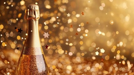 a champagne bottle with glitter glow gold dust and confetti, idea for celebration background