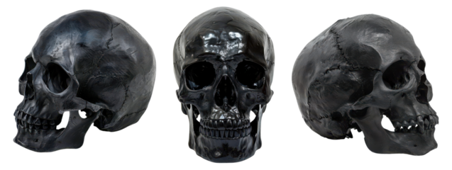 Three black human skulls in different angles isolated on white background. Perfect for Halloween, horror concept, or anatomy studies.