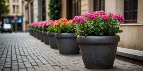 Beautiful pink blooms in large flower pots add a fresh, natural touch to a cobblestone urban street