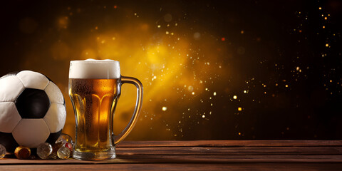 glass of beer on the table, A glass of beer is sitting on a ledge in a stadium, Mug of beer and soccer ball background Cold beer

