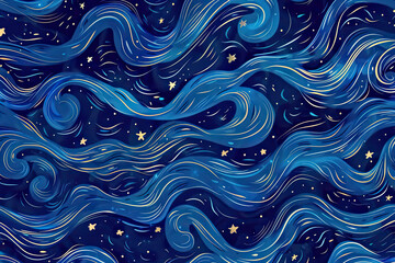 Starry sky, swirling blue waves, seamless pattern background vector illustration in the style of starry night. Created with Ai