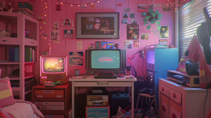 living room interior Vintage 90s nostalgia with a retro gaming setup and fashion in a teenager's room