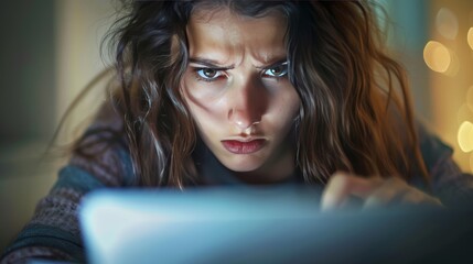 Close-up of a young woman intensely working on a laptop computer, her fingers flying across the keyboard, with a focused expression on her face.