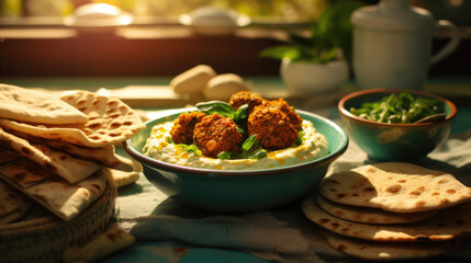 Close-up of falafel wraps with creamy sauce and fresh greens