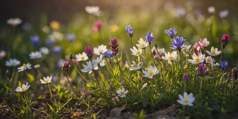 A vibrant image showcasing an array of wildflowers in full bloom with the sunlight filtering through