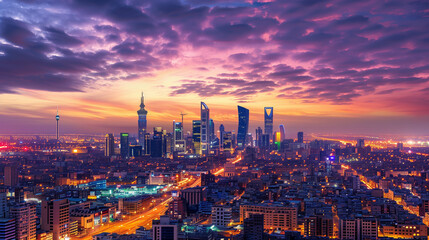 Riyadh City Skyline at Dusk with Dazzling Lights and Modern Architecture, A Stunning Urban Panorama country skyline at sunset 