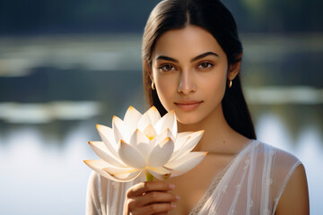 Beautiful Indian bride holding a lotus flower in her hand. The woman wears golden earrings & a light dress of white silk. Her natural beauty reflects the pure, calm, & spiritual grace of the lotus.
