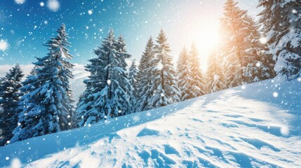 Fototapeta premium A scene of snowy trees with sunlight shining through