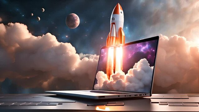 A creative concept image featuring a rocket launching from a laptop screen, symbolizing innovation and technological advancements. The blend of digital elements with a cosmic background illustrates
