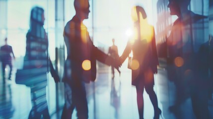 diverse business people shaking hands blurred soft light background