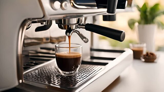 A detailed shot of an espresso machine pouring rich, dark coffee into a clear glass cup. The image captures the smooth flow of the espresso and the inviting crema on top, highlighting the art of coffe