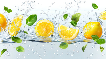 Lemon water splash isolated on a white transparent background, png. Lemon fruit slice, leaves and water splash
