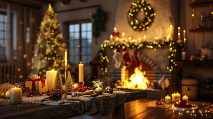 Fototapeta premium A cozy Christmas scene featuring candles and decorations near a fireplace