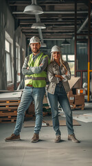 Fototapeta premium Two confident construction workers posing with arms crossed on building site