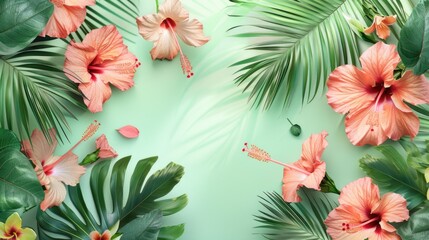 Fototapeta premium Tropical flowers and foliage on a vibrant pink background