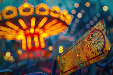 A colorful carnival ride lit up at night, perfect for capturing the excitement of a fair or festival