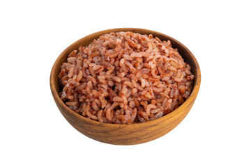 Cooked Thai Organic Red Jasmine Rice in wooden teak bowl isolated on white background with clipping path.semi-milled rice.