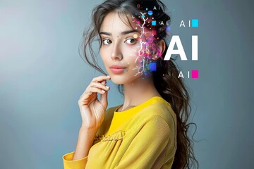 Obraz premium Woman with AI projections, illustrating the fusion of human creativity and artificial intelligence in modern technology