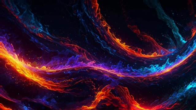 Colorful fire wave abstract background, Colorful gradient smoke wave in dark space is very beautiful. Colorful fire energy splash fluid wave show. 4k