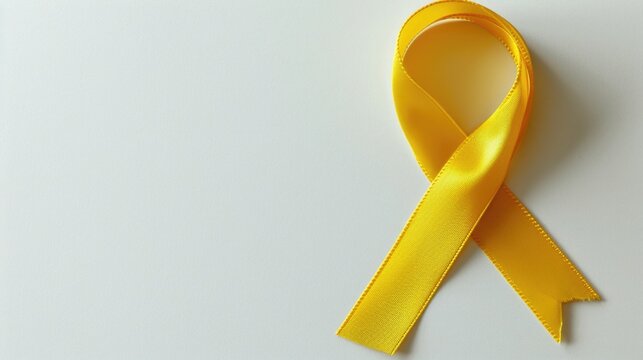 A single yellow ribbon lies on a white surface, often used as a symbol of support or celebration