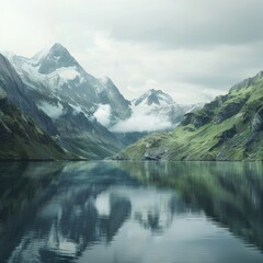Fototapeta premium A serene mountain lake surrounded by towering peaks