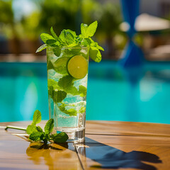Mojito cocktail with fresh mint leaves and lime in a tall glass, placed on a poolside table with a pool in the background