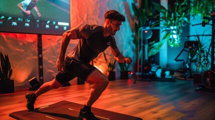 A man in athletic wear works out on a digital fitness platform, mirroring the movements of a runner on a screen.