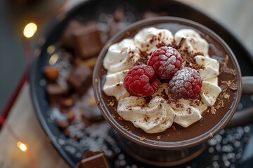 close up top view a glass of hot chocolate topping with whipped cream and raspberry , berry fruity flavor rich premium chocolate drink