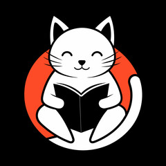 Minimalistic 2D Vector Logo: Cute White Cat Reading a Book on Black Background
