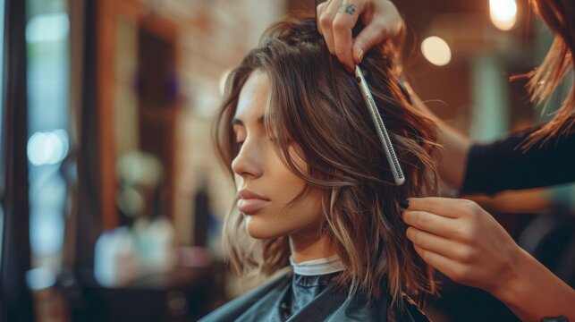 A woman sits in a salon chair while a stylist cuts her hair. The woman is looking down and the stylist is using a comb to style her hair.
