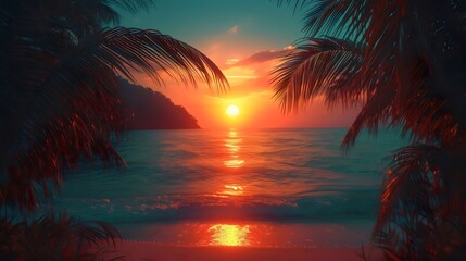 A beautiful sunset over the ocean with palm trees in the background