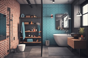 Retro loft bathroom with freestanding tub, large windows, and industrial design
